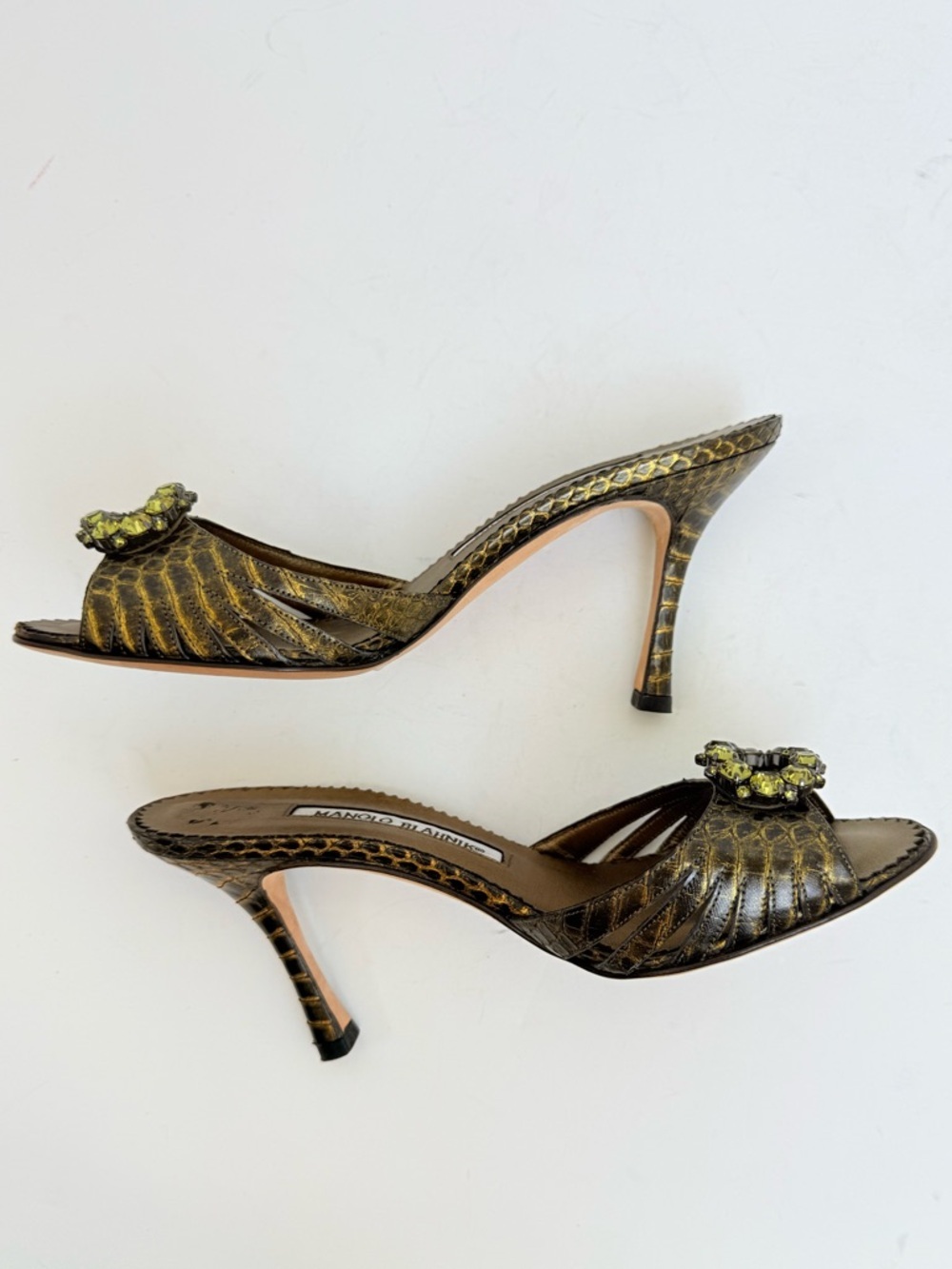 Manolo Blahnik Metallic Green snakeskin Crystal Embellished High Heel Mules 36.5 - Picture 6 of 9